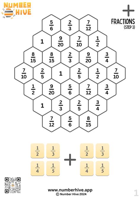 Number Hive Printable Game Boards - Addition of Fractions STEP 3