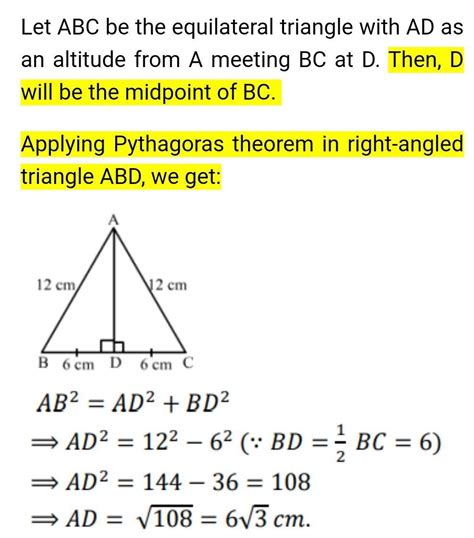 The height of an equilateral triangle having each side 12 cm, is(a) 6 2 ...