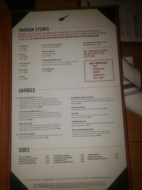 Menu at West Texas Chophouse steakhouse, El Paso