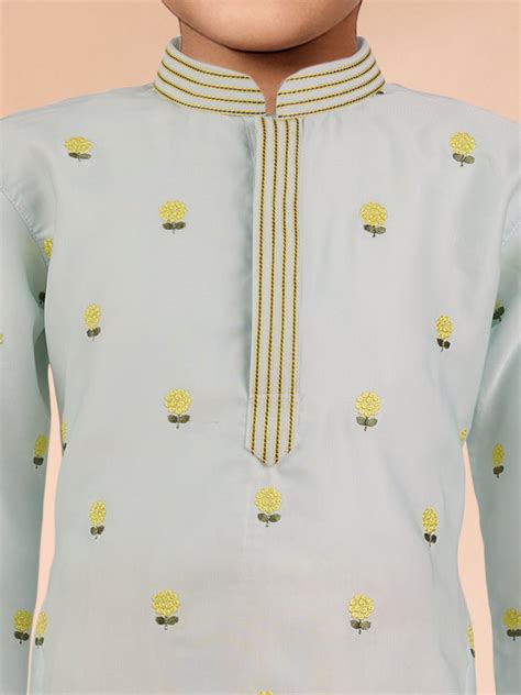 Boys Aqua Satin Kurta Floral | VASTRAMAY – vastramay