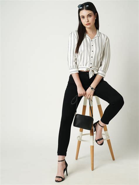 Buy Women Black & White Slim Crop Shirt | Kraus Jeans