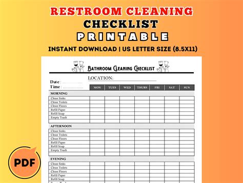 Restroom Cleaning Checklist Printable, Bathroom Checklist for Home ...