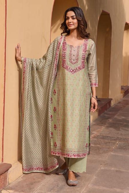 Buy Green Linen, Cotton Sequins, Gota Patti, Zari Split Bouquet Print ...