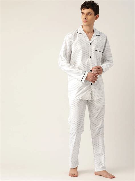 Men White Micro Dot Printed Pure Cotton Regular Fit Night Wear Night S