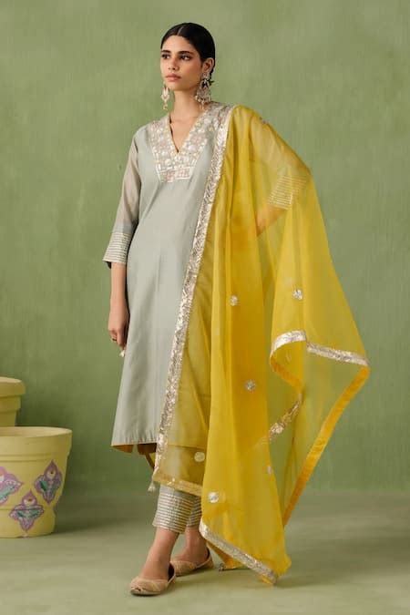 Buy Green Silk, Chanderi, Organza Embroidery, Gota Patti, Sequins Kurta ...