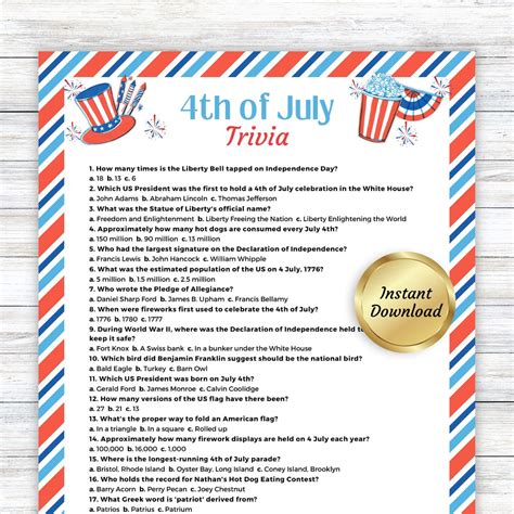 4th of July Trivia, Fourth of July Game, Printable Quiz, July 4th Game ...