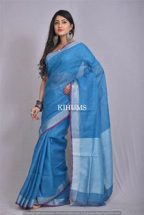 Dark Blue Handwoven Linen Saree | Silver Zari Border| KIHUMS Saree ...
