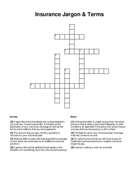 Insurance Jargon & Terms Crossword Puzzle