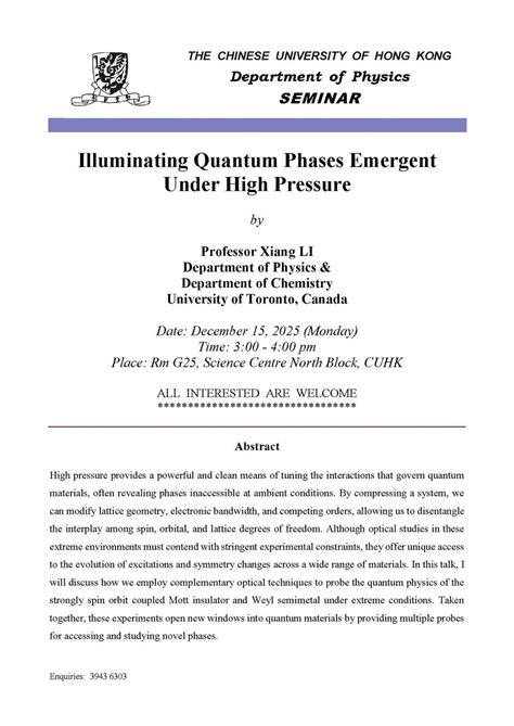 Seminar by Professor Xiang LI (University of Toronto), Rm G25, Science ...