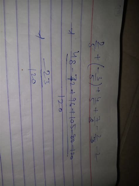 Evaluate : 2/5+(-3/5)+4/5+7/8-2/3-2 - Brainly.in
