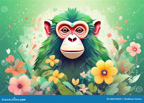 Vector Illustration of Cartoon Monkey with Flowers Stock Illustration ...