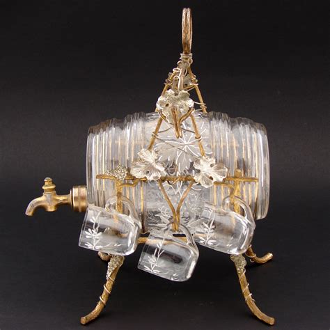 Antique French Aperitif Liqueur Service, Lg Barrel, Six Cups, Gilt Wir ...