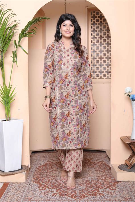 Miravan Womens Pure Cotton Straight Floral printed Kurta with Palazzo-