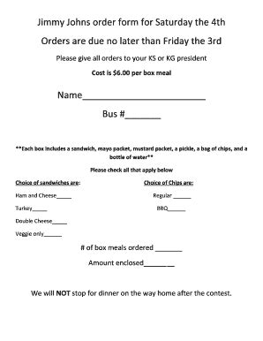Fillable Online Jimmy Johns order form for Saturday the 4th Fax Email ...