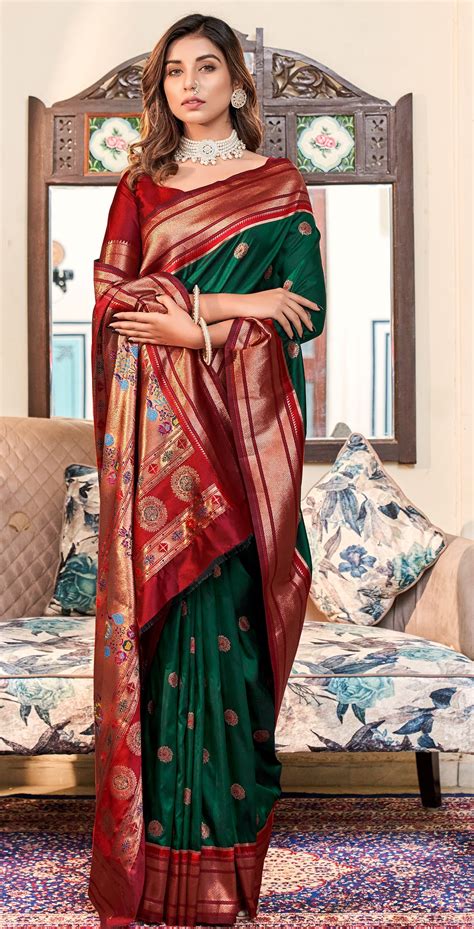 Buy New Paithani Silk Saree in Green ,red,traditional Style Blouse Sari ...