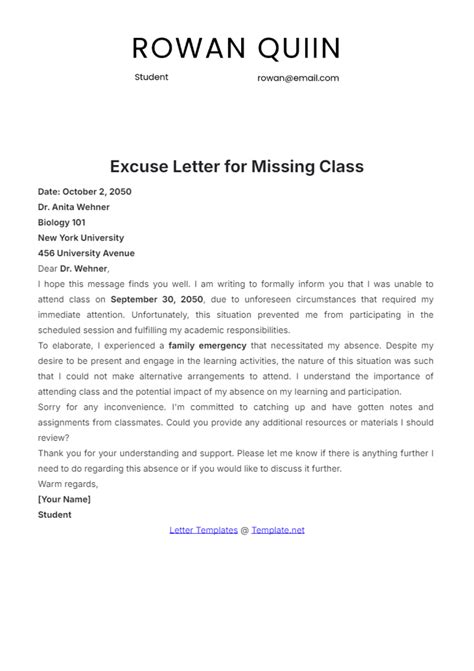 Free Sample Student Absence Excuse Letter Template to Edit Online