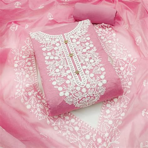 Pink Floral Embroidered Modal Dress Material