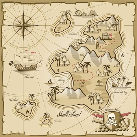 Treasure island vector map in hand drawn style. sea adventure, ocean ...