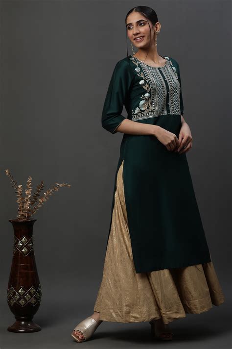Buy Dark Green Embroidered Yoke Festive Kurta Online for Woman | Shop ...