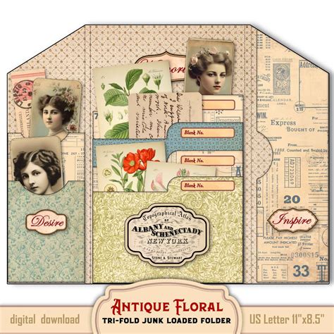 Antique Floral Ephemera Tri-fold Loaded Folder Folio Kit, Easy DIY Junk ...