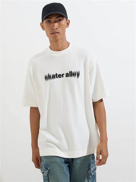 Buy Nuon White Text Printed Relaxed-Fit Cotton T-Shirt from Westside