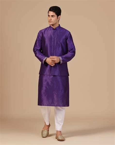 Mens Purple nehru jacket embroidered kurta set