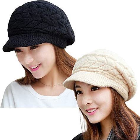 Loritta 2 Pack Slouchy Lined Women Winter Hat, Warm Knit Beanie Cap ...