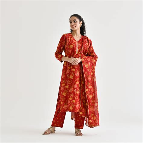 Buy Red Floral Printed Cotton Kurta Pant Dupatta Set with Sequin ...