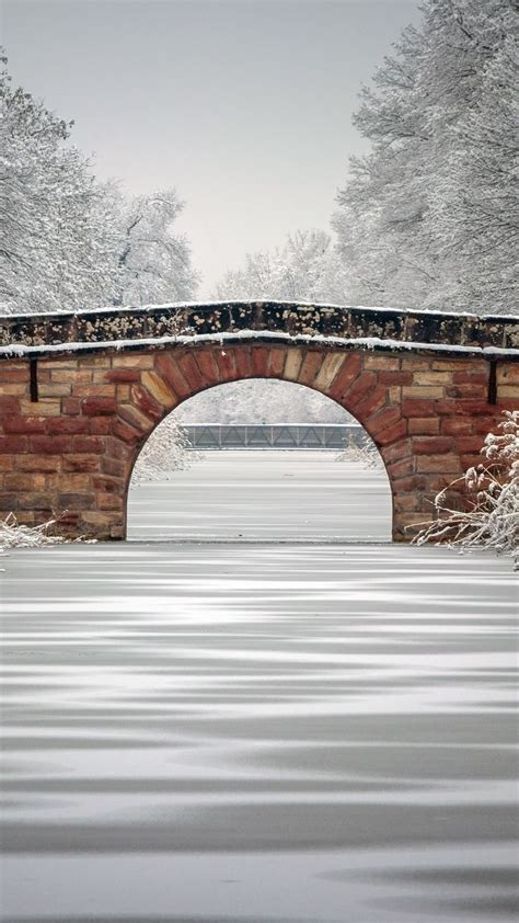 Download wallpaper 938x1668 bridge, river, ice, snow, trees, winter ...