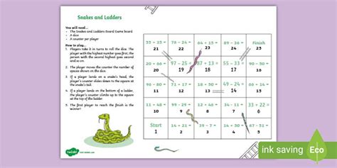 Snakes and Ladders Addition and Subtraction up to 100 Board Game