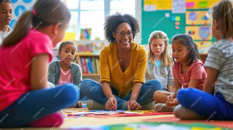 Premium Photo | Smiling Teacher Engaging with Students in Colorful Classroom