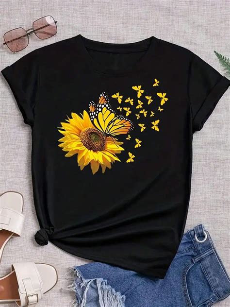 1pc, % Cotton, Sunflower Exquisite Letter Pattern Printed TShirt ...