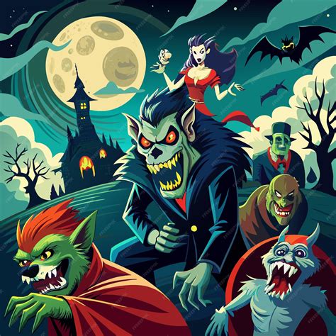 Classic Halloween monsters like vampires with fangs and capes and ...