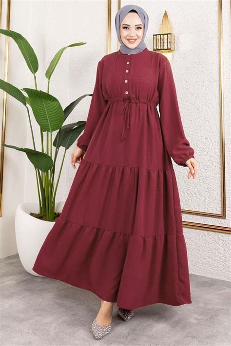 Bordo Afra Lace-Up Detail Modest Dress | Mec Fashion