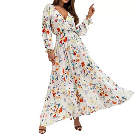 Womens Long Sleeve Boho Floral Deep V Neck Empire Waist Slit A Line ...