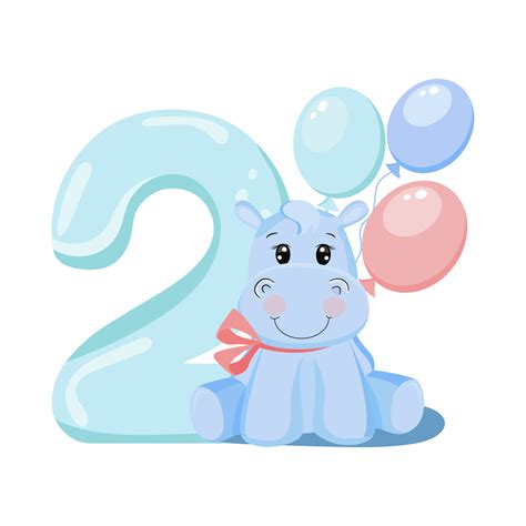 Cute baby boy hippo with balloons. Birthday invitation. Two years, 2 ...