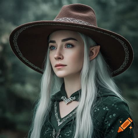 Portrait of a female elf with long white hair, blue eyes, wearing a hat ...