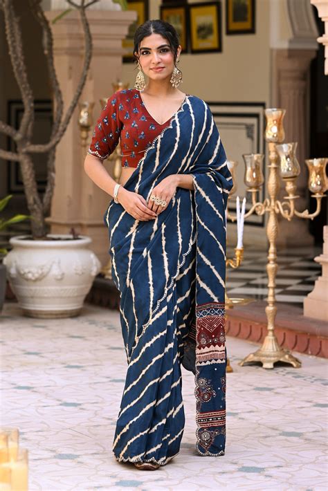 Blue Lehariya Block Print with Aari, Sequence and Mirror Work Crepe Sa ...