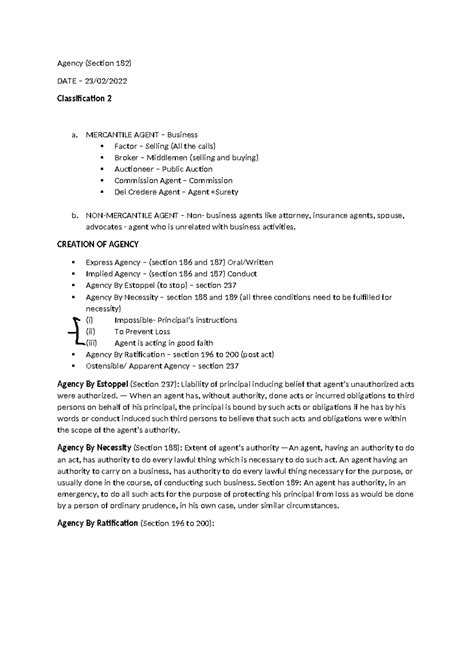 Contract Law 2 - Agency (Section 182) DATE – 23/02/ Classification 2 a ...