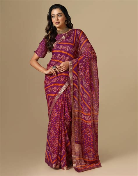 Wine Coloured Chiffon Bandhani Printed Saree | Leemboodi