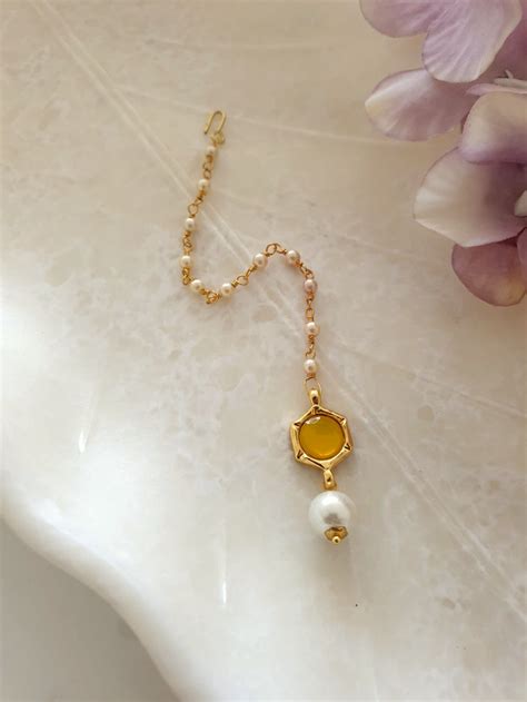 Yellow Stone Meenakari Pearl Beaded Maang Tikka – Jaipri