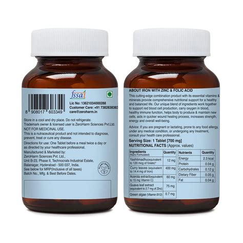 Zeroharm Science Iron with Zinc and Folic Acid - 60 Tablets - Cureka ...