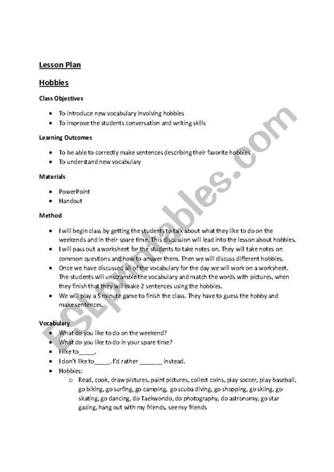 Hobbies Worksheet 的图像结果