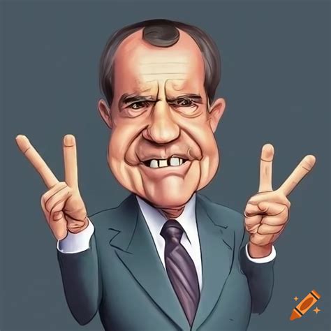 Exaggerated caricature of richard nixon showing the peace sign with his ...
