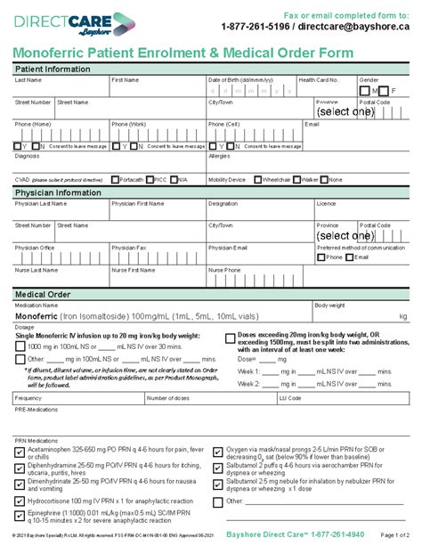 Iron Infusion Requisition - Bayshore Direct Care™ 1-877-261- Fax or ...