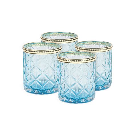 Buy Pure Home + Living Set of 4 Blue Glass Votive with Golden Ring ...