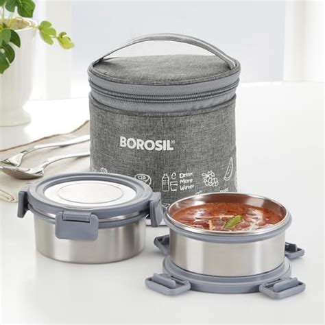 Borosil Slate Stainless Steel Lunch Box with Bag | 2 pc Round Container ...