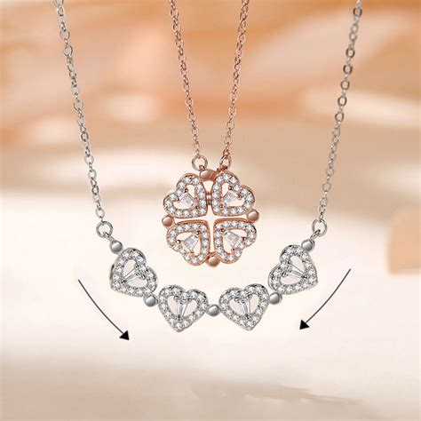 Real 18K Gold Plated Magnetic 4 Four Heart Pendant Leaf Clover Necklac ...