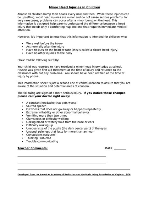 Minor Head Injuries in Children - Blank Fillable Template | Fill Out ...