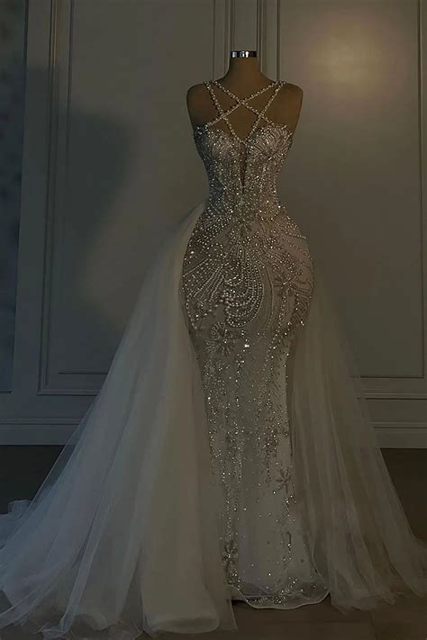 Heavy Mermaid Wedding Dress V-neck Spaghetti Strap Long With Beadings | Long wedding dresses ...